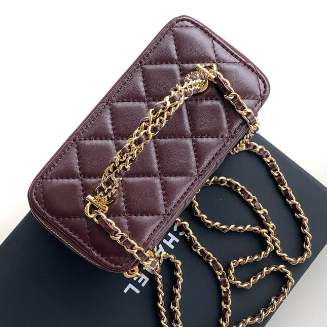 SMALL VANITY CASE WITH HANDLE 17 IN WINE RED LAMBSKIN GOLD HARDWARE