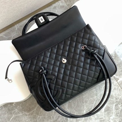 CHANEL CAMBON LARGE FLAP 25S 33 CM IN BLACK CALFSKIN WITH LOGO
