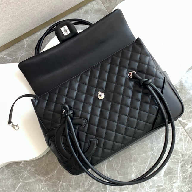 CHANEL CAMBON LARGE FLAP 25S 33 CM IN BLACK CALFSKIN WITH LOGO