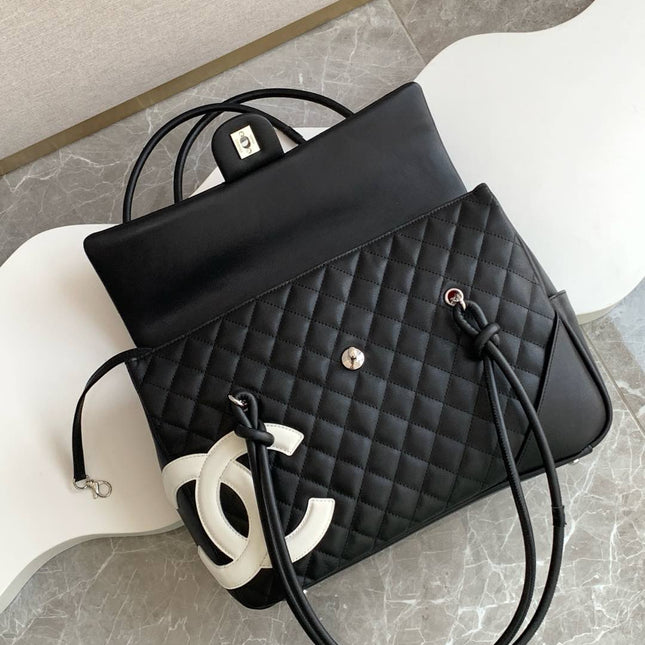 CHANEL CAMBON LARGE FLAP 25S 33 CM IN BLACK CALFSKIN WITH WHITE LOGO