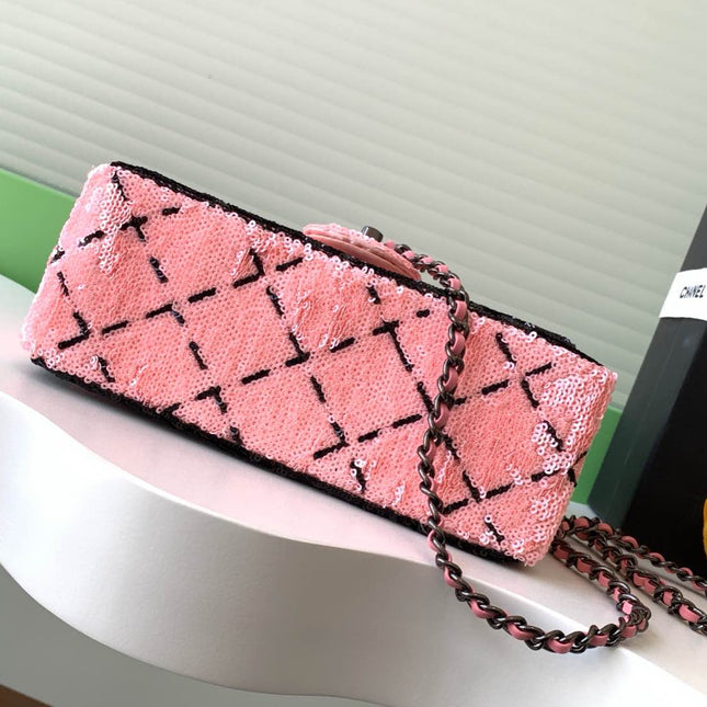 CLASSIC FLAP BAG 21 IN BLACK PINK SEQUINS RUTHENIUM HARDWARE