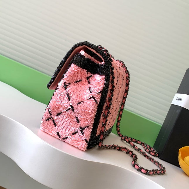 CLASSIC FLAP BAG 21 IN BLACK PINK SEQUINS RUTHENIUM HARDWARE