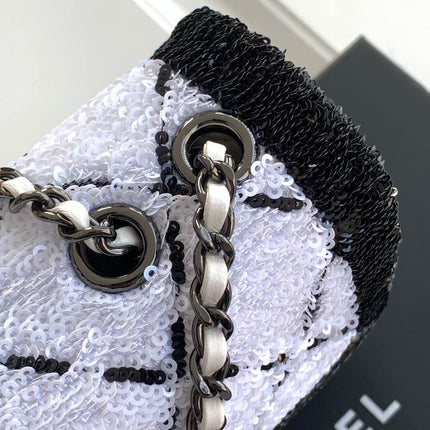 CLASSIC FLAP BAG 21 IN BLACK WHITE SEQUINS RUTHENIUM HARDWARE