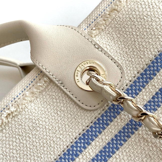 SHOPPING BAG 34 IN WHITE BLUE AND YELLOW CANVAS