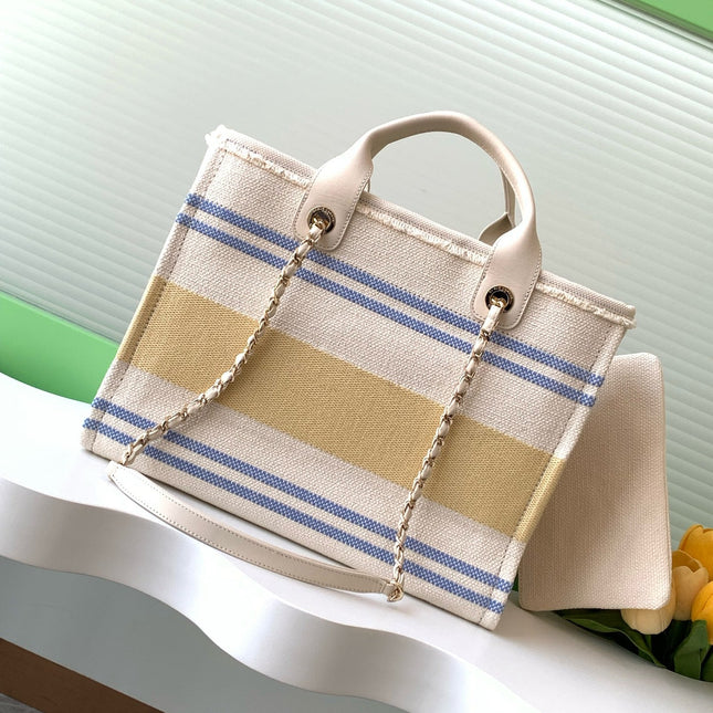 SHOPPING BAG 34 IN WHITE BLUE AND YELLOW CANVAS