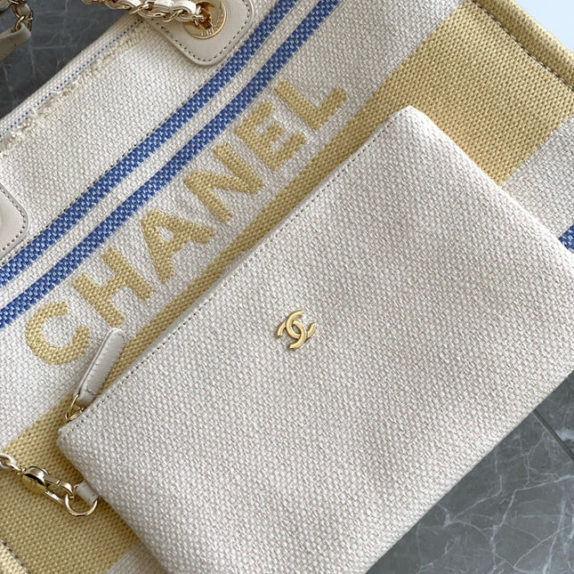 SHOPPING BAG 34 IN WHITE BLUE AND YELLOW CANVAS