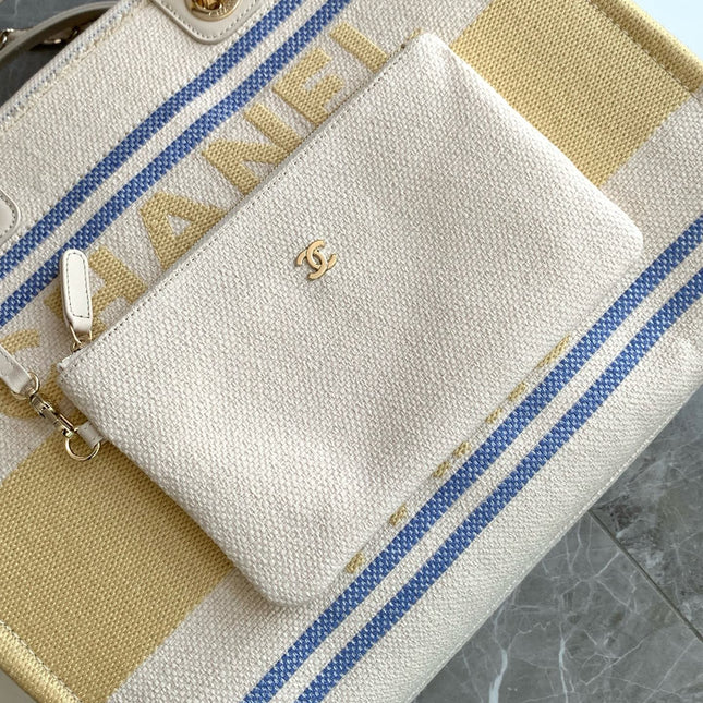 SHOPPING BAG 38 IN WHITE BLUE AND YELLOW CANVAS