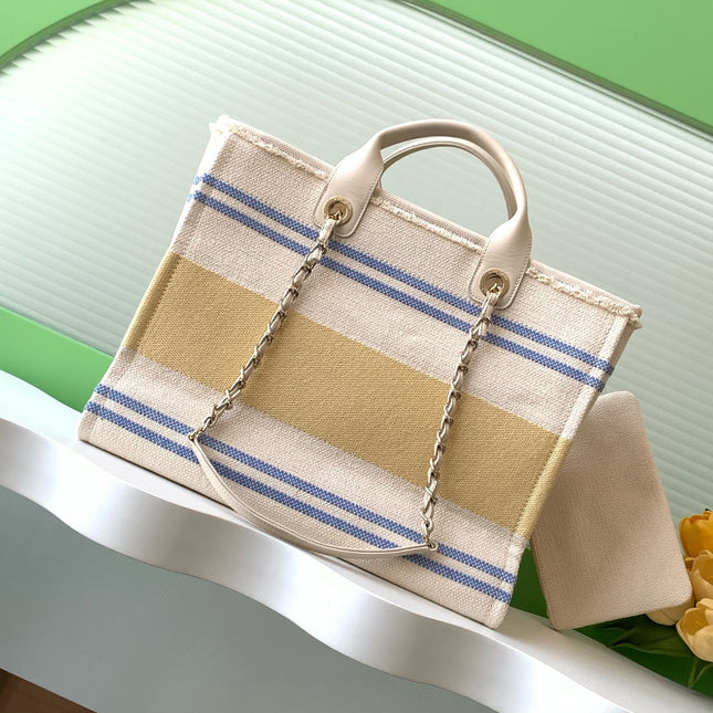 SHOPPING BAG 38 IN WHITE BLUE AND YELLOW CANVAS