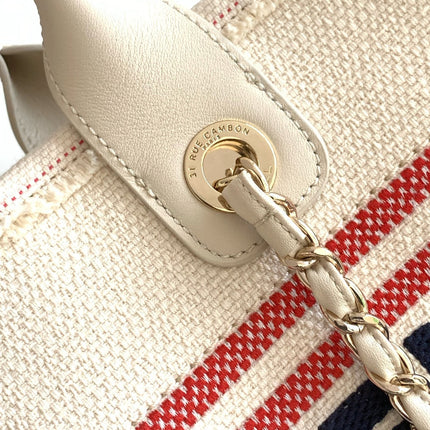 SHOPPING BAG 34 IN WHITE RED AND NAVY BLUE CANVAS