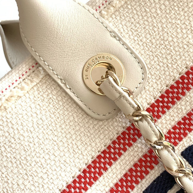 SHOPPING BAG 34 IN WHITE RED AND NAVY BLUE CANVAS