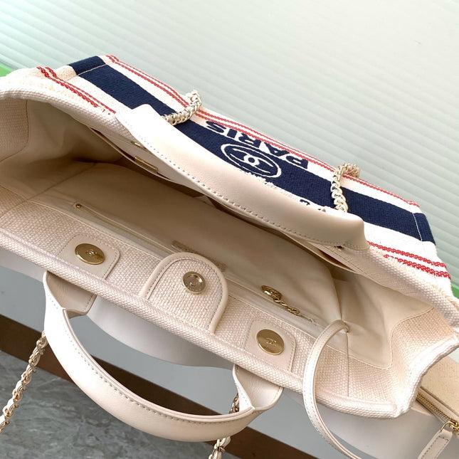 SHOPPING BAG 34 IN WHITE RED AND NAVY BLUE CANVAS