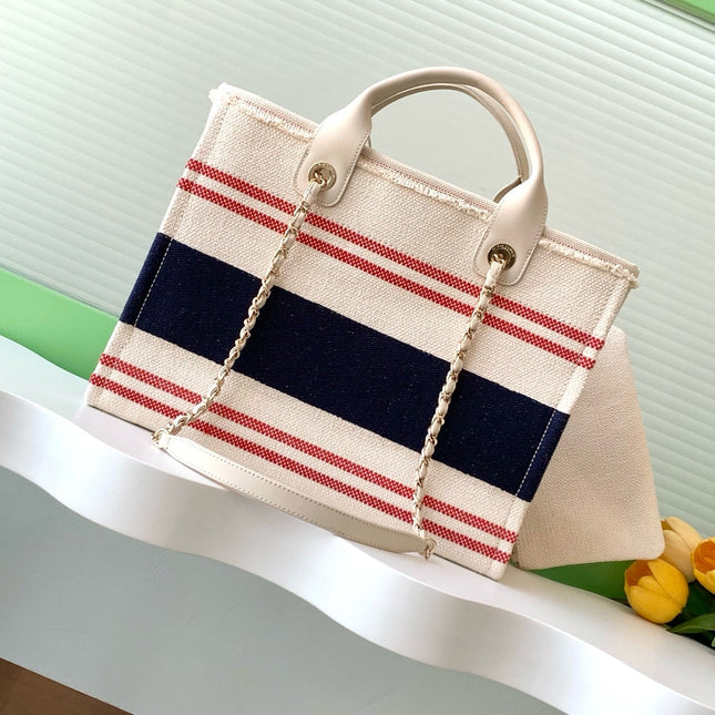 SHOPPING BAG 34 IN WHITE RED AND NAVY BLUE CANVAS