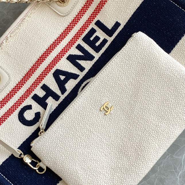 SHOPPING BAG 34 IN WHITE RED AND NAVY BLUE CANVAS