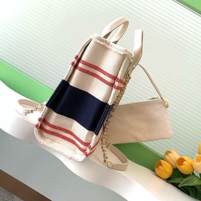 SHOPPING BAG 34 IN WHITE RED AND NAVY BLUE CANVAS