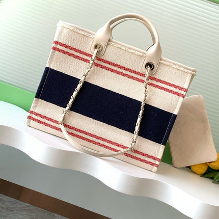 SHOPPING BAG 38 IN WHITE RED AND NAVY BLUE CANVAS