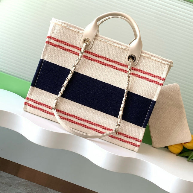 SHOPPING BAG 38 IN WHITE RED AND NAVY BLUE CANVAS