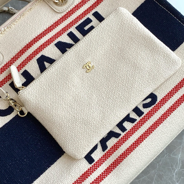 SHOPPING BAG 38 IN WHITE RED AND NAVY BLUE CANVAS