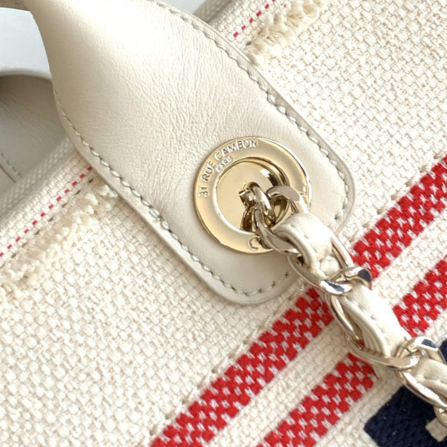 SHOPPING BAG 38 IN WHITE RED AND NAVY BLUE CANVAS
