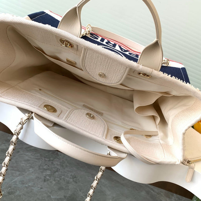 SHOPPING BAG 38 IN WHITE RED AND NAVY BLUE CANVAS