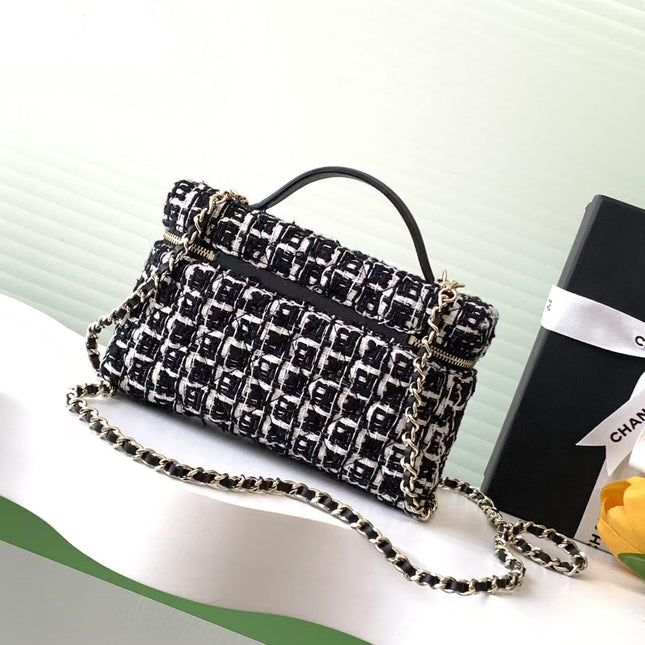 VANITY CASE 19 IN BLACK MIX WHITE QUILTED TWEED GOLD HARDWARE