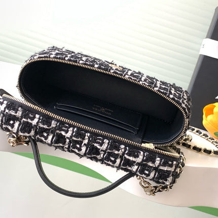 VANITY CASE 19 IN BLACK MIX WHITE QUILTED TWEED GOLD HARDWARE