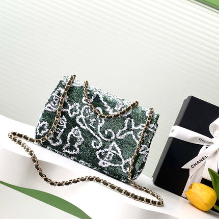 FLAP BAG 21 IN BASIL GREEN MIX WHITE SHINY SEQUINS GOLD HARDWARE