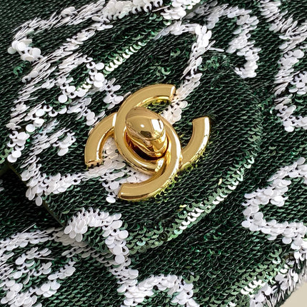 FLAP BAG 21 IN BASIL GREEN MIX WHITE SHINY SEQUINS GOLD HARDWARE