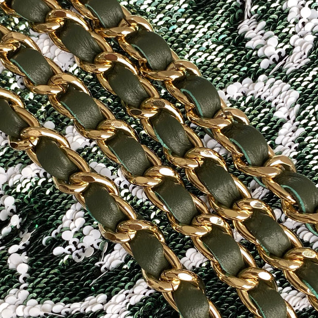 FLAP BAG 21 IN BASIL GREEN MIX WHITE SHINY SEQUINS GOLD HARDWARE