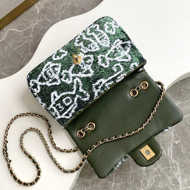 FLAP BAG 21 IN BASIL GREEN MIX WHITE SHINY SEQUINS GOLD HARDWARE