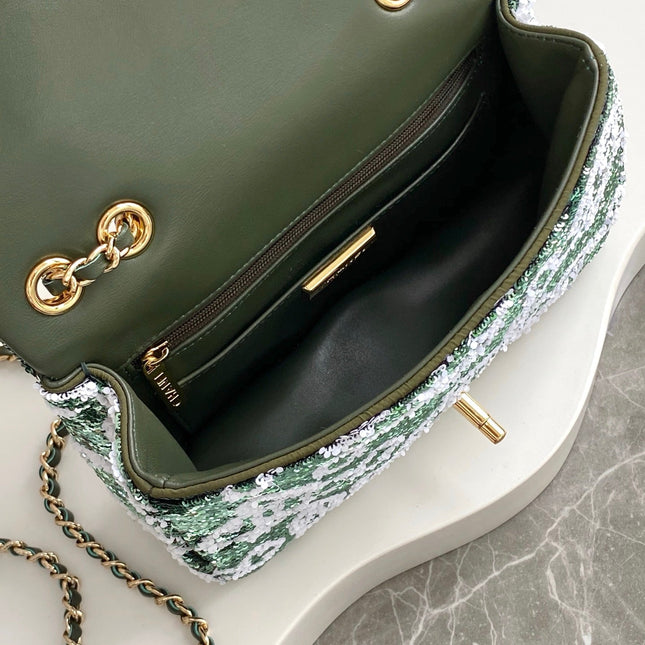FLAP BAG 21 IN BASIL GREEN MIX WHITE SHINY SEQUINS GOLD HARDWARE
