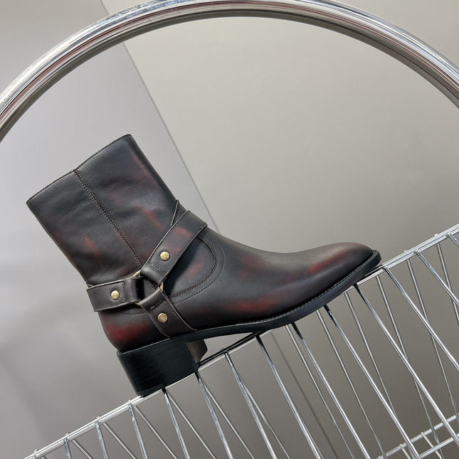 SL HARNESS BOOTS BLACK AND GARNET CALFSKIN