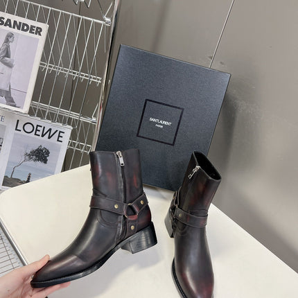 SL HARNESS BOOTS BLACK AND GARNET CALFSKIN