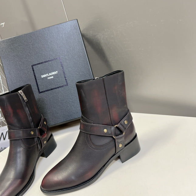 SL HARNESS BOOTS BLACK AND GARNET CALFSKIN