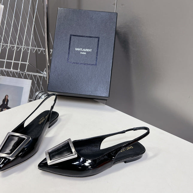 SL SQUARE BUCKLE SLINGBACK BLACK POLISHED CALFSKIN