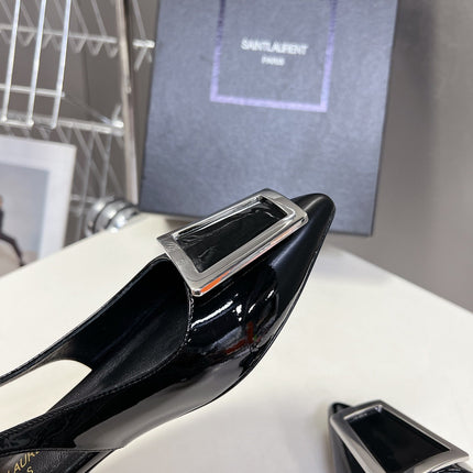 SL SQUARE BUCKLE SLINGBACK BLACK POLISHED CALFSKIN