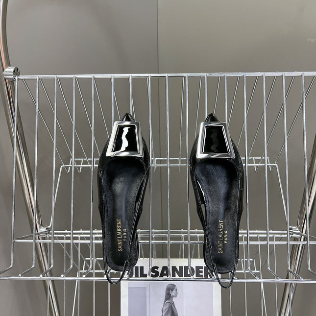 SL SQUARE BUCKLE SLINGBACK BLACK POLISHED CALFSKIN