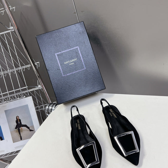 SL SQUARE BUCKLE SLINGBACK BLACK SUEDE