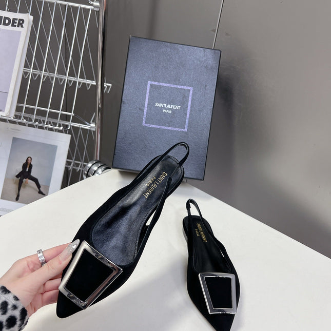 SL SQUARE BUCKLE SLINGBACK BLACK SUEDE