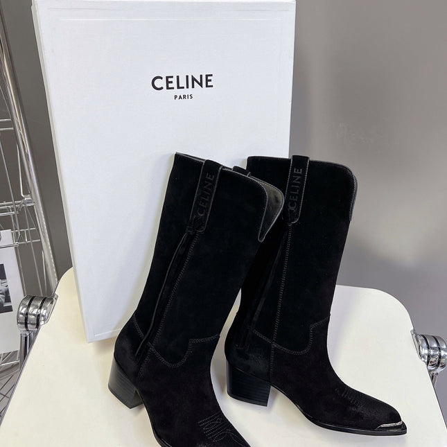 CELINE 25S HIGH CUT CHELSEA BOOTS 45MM IN BLACK SUEDE