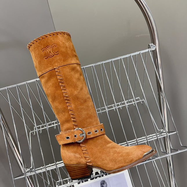 CELINE 25S BULKY LACED UP BOOTS 45MM IN BURNT ORANGE SUEDE