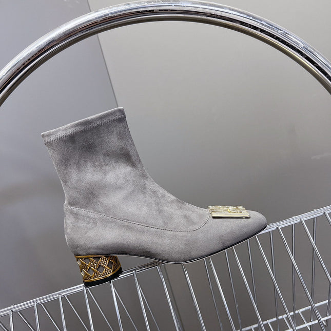 ICON HEELED ANKLE BOOT DOVE GRAY SUEDE 4 CM WITH GOLD LOGO