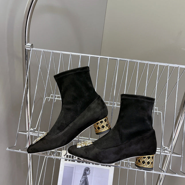 ICON HEELED ANKLE BOOT BLACK SUEDE 4 CM WITH GOLD LOGO
