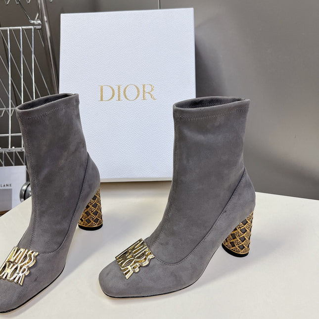 ICON HEELED ANKLE BOOT DOVE GRAY SUEDE 8 CM WITH GOLD LOGO