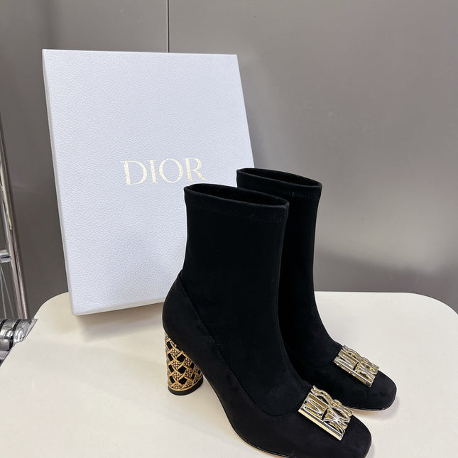 ICON HEELED ANKLE BOOT BLACK SUEDE 8 CM WITH GOLD LOGO