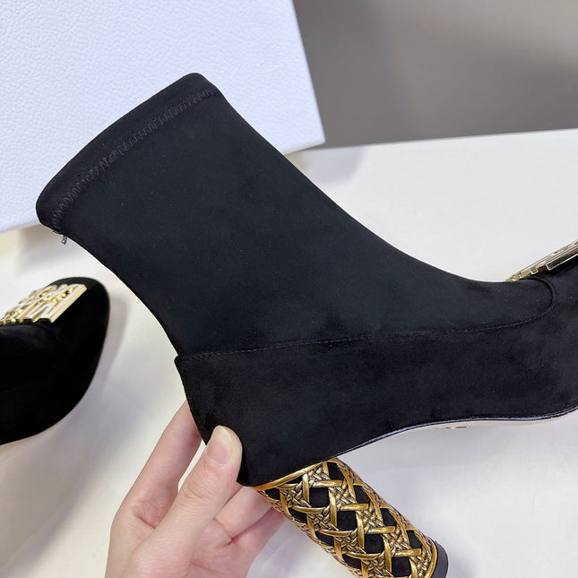 ICON HEELED ANKLE BOOT BLACK SUEDE 8 CM WITH GOLD LOGO