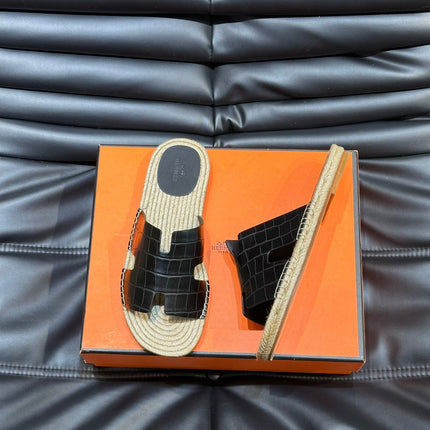 HM ANTIGUA ESPADRILLE SANDAL BLACK CALFSKIN WITH CROCODILE MOTIF