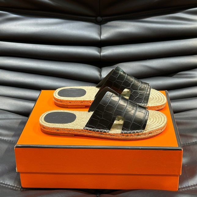 HM ANTIGUA ESPADRILLE SANDAL BLACK CALFSKIN WITH CROCODILE MOTIF