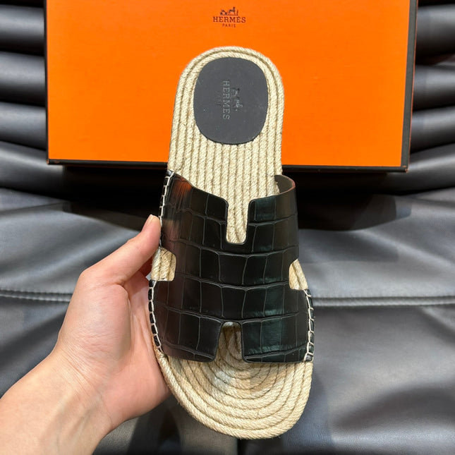 HM ANTIGUA ESPADRILLE SANDAL BLACK CALFSKIN WITH CROCODILE MOTIF