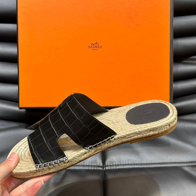 HM ANTIGUA ESPADRILLE SANDAL BLACK CALFSKIN WITH CROCODILE MOTIF