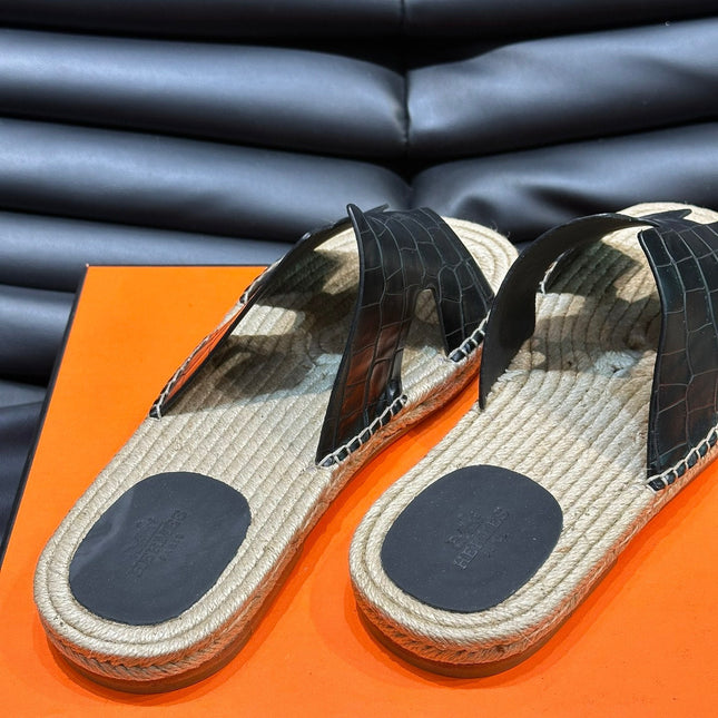 HM ANTIGUA ESPADRILLE SANDAL BLACK CALFSKIN WITH CROCODILE MOTIF